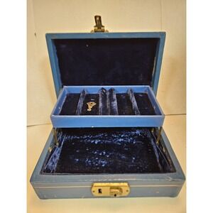 Vintage Mid-Century Blue Faux Leather Jewelry Box - Quilted Diamond Top with Key